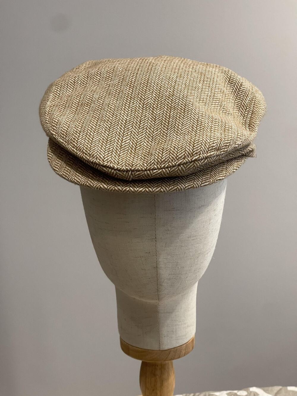 Vintage D & Y Hat Cap Flat Mens One Size Beige Herringbone Wool Nylon Lined